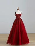 Elegant Glamour A line Spaghetti Straps Tulle Red Long Prom Dress Party Dress Evening Dresses HZ1121