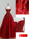 Elegant Glamour A line Spaghetti Straps Tulle Red Long Prom Dress Party Dress Evening Dresses HZ1121
