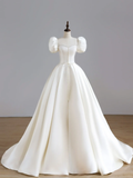 Simple Bridal Gown Ball Gown Short Sleeves Satin White Wedding Dresses Minimalist Bridal Gowns HZ1121