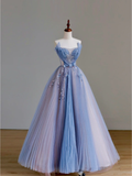 Elegant Glamour A line Strapless Blue Tulle Long Prom Dresses Party Dress Evening Dress HZ1121
