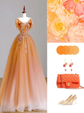 Elegant Glamour Ball Gown Strapless Orange Tulle Long Prom Dresses Party Dress Evening Dress HZ1121