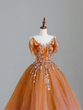 Elegant Glamour Ball Gown Scoop Orange Tulle Long Prom Dresses Party Dress Evening Dress HZ1121