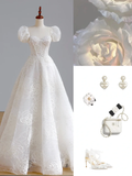 Simple Bridal Gown Ball Gown Short Sleeves Lace White Wedding Dresses Minimalist Bridal Gowns HZ1121