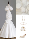 Simple Bridal Gown Mermaid Off The Shoulder Satin Short Sleeves White Wedding Dresses Minimalist Bridal Gowns HZ1121