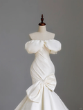 Simple Bridal Gown Mermaid Off The Shoulder Satin Short Sleeves White Wedding Dresses Minimalist Bridal Gowns HZ1121