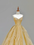 Elegant Glamour Ball Gown Spaghetti Straps Tulle Gold Long Prom Dress Party Dress Evening Dresses HZ1121