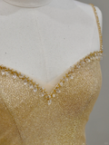 Elegant Glamour Ball Gown Spaghetti Straps Tulle Gold Long Prom Dress Party Dress Evening Dresses HZ1121