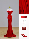 Elegant Glamour Mermaid Strapless Red Prom Dress Party Dress Long Evening Dresses HZ1121