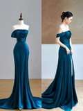 Elegant Glamour Mermaid Strapless Blue Satin Prom Dress Party Dress Long Evening Dresses HZ1121