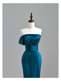 Elegant Glamour Mermaid Strapless Blue Satin Prom Dress Party Dress Long Evening Dresses HZ1121