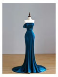Elegant Glamour Mermaid Strapless Blue Satin Prom Dress Party Dress Long Evening Dresses HZ1121