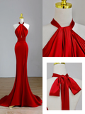Elegant Glamour Mermaid Halter Red Satin Prom Dress Party Dress Long Evening Dresses HZ1121