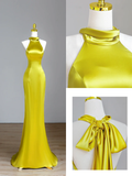 Elegant Glamour Mermaid High Neck Yellow Satin Prom Dress Party Dress Long Evening Dresses HZ1121