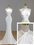 Simple Bridal Gown Mermaid Halter Satin Sleeveless White Wedding Dresses Minimalist Bridal Gowns HZ1121