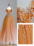 Elegant Glamour Ball Gown Scoop Orange Tulle Long Prom Dresses Party Dress Evening Dress HZ1121