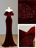 Elegant Glamour Mermaid Off The Shoulder Burgundy Velvet Long Prom Dresses Party Dress Evening Dress HZ1121