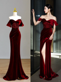 Elegant Glamour Mermaid Off The Shoulder Burgundy Velvet Long Prom Dresses Party Dress Evening Dress HZ1121