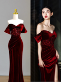 Elegant Glamour Mermaid Off The Shoulder Burgundy Velvet Long Prom Dresses Party Dress Evening Dress HZ1121