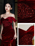 Elegant Glamour Mermaid Off The Shoulder Burgundy Velvet Long Prom Dresses Party Dress Evening Dress HZ1121