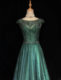 Vintage A Line Scoop Green Tulle Slit Long Prom Dress Party Dress Evening Dresses HZ1121