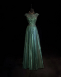 Vintage A Line Scoop Green Tulle Slit Long Prom Dress Party Dress Evening Dresses HZ1121