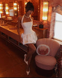 Sexy A Line Halter White Satin Short Summer Birthday Dress Hoco Dress Birthday Outfit 16th Birthday Mini Cocktail Dresses HZ1121