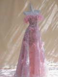 Gorgeous A line Off The Shoulder Pink Floral Sequin Beads Long Prom Dress Party Dress Graduation Dresses HZ1121