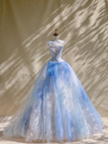 Elegant Ball Gown Strapless Light Blue Floral Tulle Long Prom Dress Party Dress Graduation Dresses HZ1121