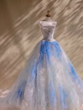Elegant Ball Gown Strapless Light Blue Floral Tulle Long Prom Dress Party Dress Graduation Dresses HZ1121