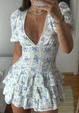 Simple A line V Neck Floral Blue Homecoming Dress Summer Hoco Dresses Cocktail Dress HZ1121