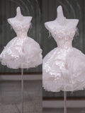 Unique Wedding Dress Ball Gown Strapless Lace Short White Wedding Dresses Bridal Gowns With Feathers HZ1121
