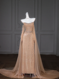 Gorgeous Mermaid Strapless Champagne Tulle Long Prom Dress Party Dress Graduation Dresses With Sleeves HZ1121