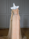 Gorgeous Mermaid Strapless Champagne Tulle Long Prom Dress Party Dress Graduation Dresses With Sleeves HZ1121