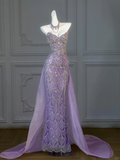Gorgeous Mermaid Sweetheart Lilac Slit Sequin Long Prom Dress Party Dress Graduation Dresses With Cape HZ1121
