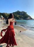 Modest Mermaid Spaghetti Straps Sleeveless Maroon Red Long Prom Gown Prom Dresses HZ1121