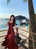 Elegant Mermaid Spaghetti Straps Sleeveless Burgundy Long Evening Dress Prom Dresses HZ1121