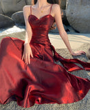 Elegant Mermaid Spaghetti Straps Sleeveless Burgundy Long Evening Dress Prom Dresses HZ1121