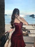 Elegant Mermaid Spaghetti Straps Sleeveless Burgundy Long Evening Dress Prom Dresses HZ1121