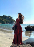 Elegant Mermaid Spaghetti Straps Sleeveless Burgundy Long Evening Dress Prom Dresses HZ1121
