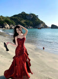 Elegant Mermaid Spaghetti Straps Sleeveless Burgundy Long Evening Dress Prom Dresses HZ1121