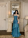 Pretty Mermaid Spaghetti Straps Sleeveless Blue Prom Gown Long Evening Dress Prom Dresses HZ1121