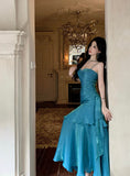 Pretty Mermaid Spaghetti Straps Sleeveless Blue Prom Gown Long Evening Dress Prom Dresses HZ1121