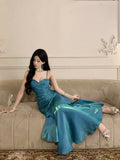 Pretty Mermaid Spaghetti Straps Sleeveless Blue Prom Gown Long Evening Dress Prom Dresses HZ1121