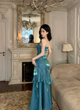 Pretty Mermaid Spaghetti Straps Sleeveless Blue Prom Gown Long Evening Dress Prom Dresses HZ1121