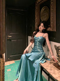 Pretty Mermaid Spaghetti Straps Sleeveless Blue Prom Gown Long Evening Dress Prom Dresses HZ1121