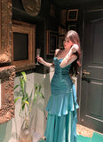 Pretty Mermaid Spaghetti Straps Sleeveless Blue Prom Gown Long Evening Dress Prom Dresses HZ1121