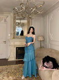 Pretty Mermaid Spaghetti Straps Sleeveless Blue Prom Gown Long Evening Dress Prom Dresses HZ1121