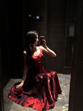 Elegant Mermaid Spaghetti Straps Sleeveless Wine Red Long Evening Dress Prom Dresses HZ1121