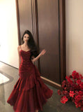 Elegant Mermaid Spaghetti Straps Sleeveless Wine Red Long Evening Dress Prom Dresses HZ1121