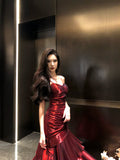 Elegant Mermaid Spaghetti Straps Sleeveless Wine Red Long Evening Dress Prom Dresses HZ1121
